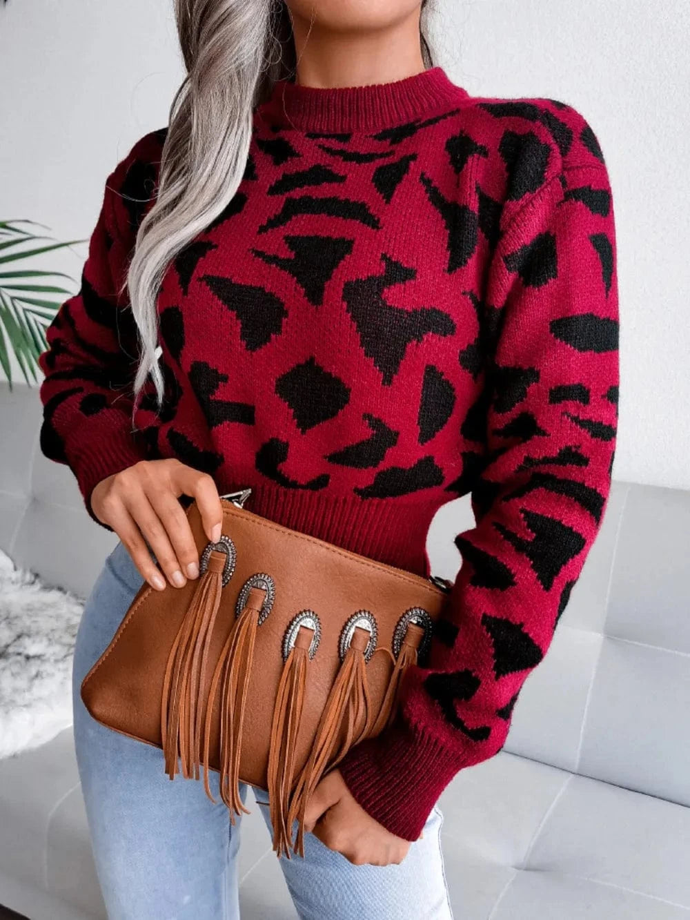 Trendsi Leopard Round Neck Dropped Shoulder Sweater