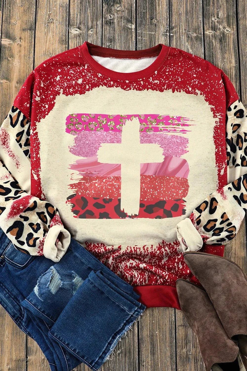 Trendsi Leopard Round Neck Dropped Shoulder Sweatshirt