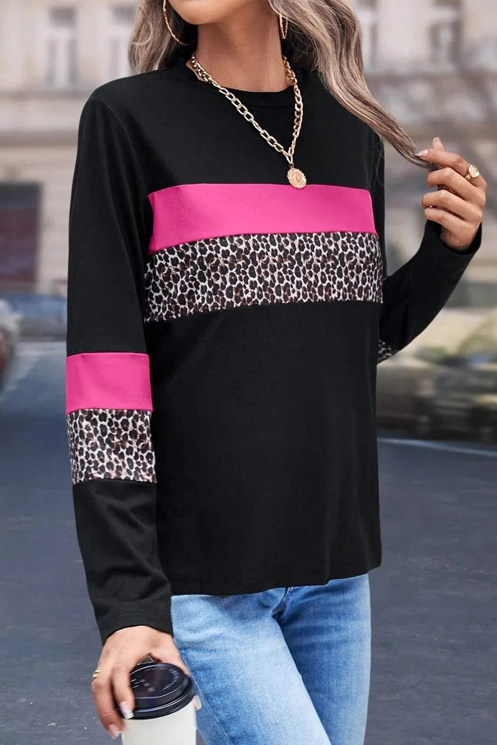 Trendsi Leopard Round Neck Long Sleeve Blouse