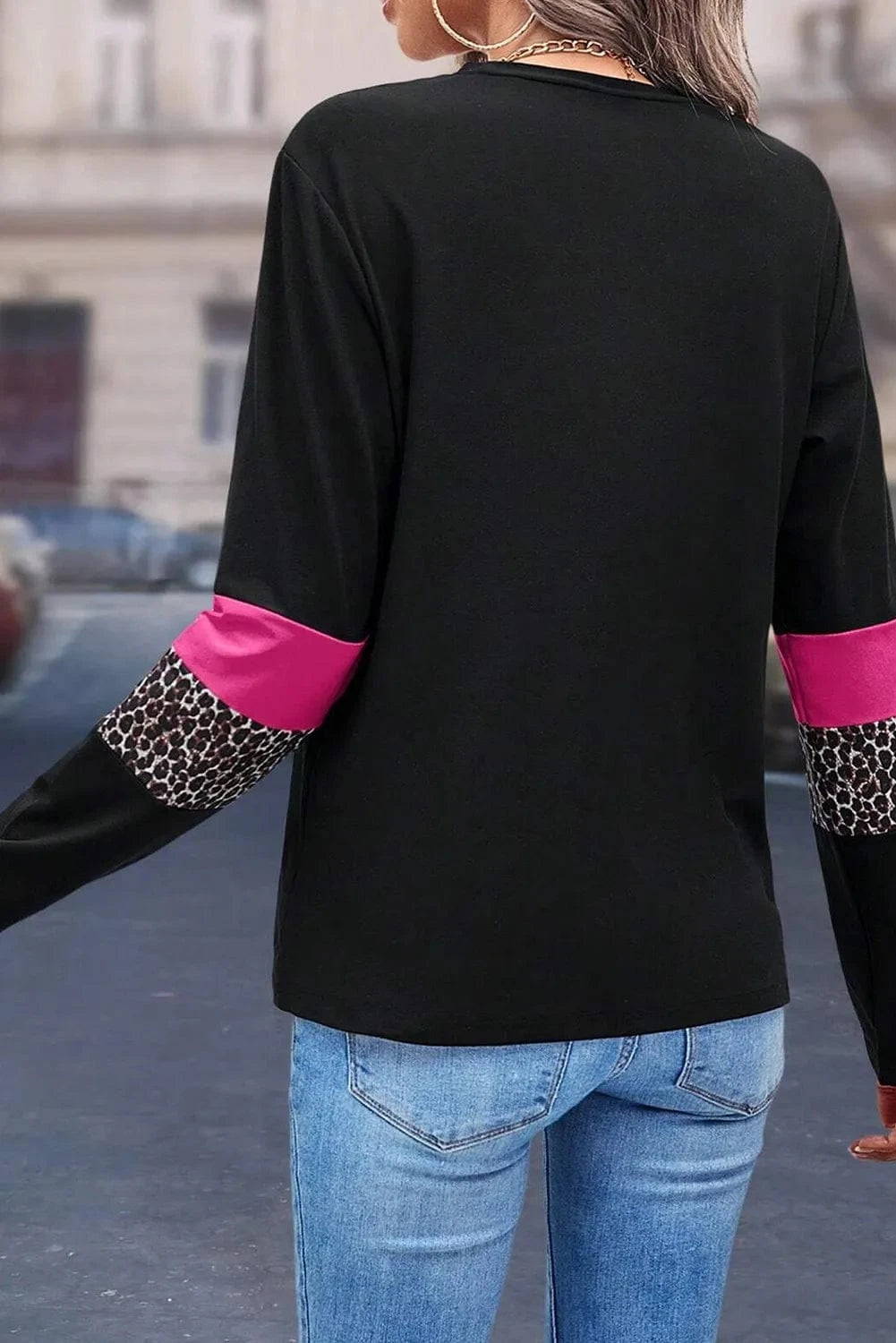 Trendsi Leopard Round Neck Long Sleeve Blouse