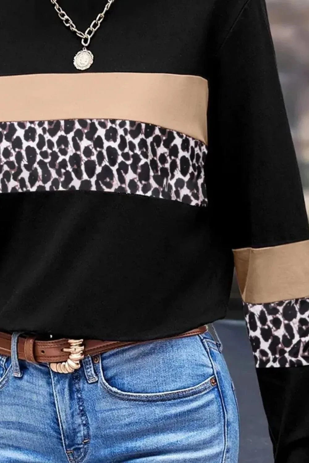 Trendsi Leopard Round Neck Long Sleeve Blouse