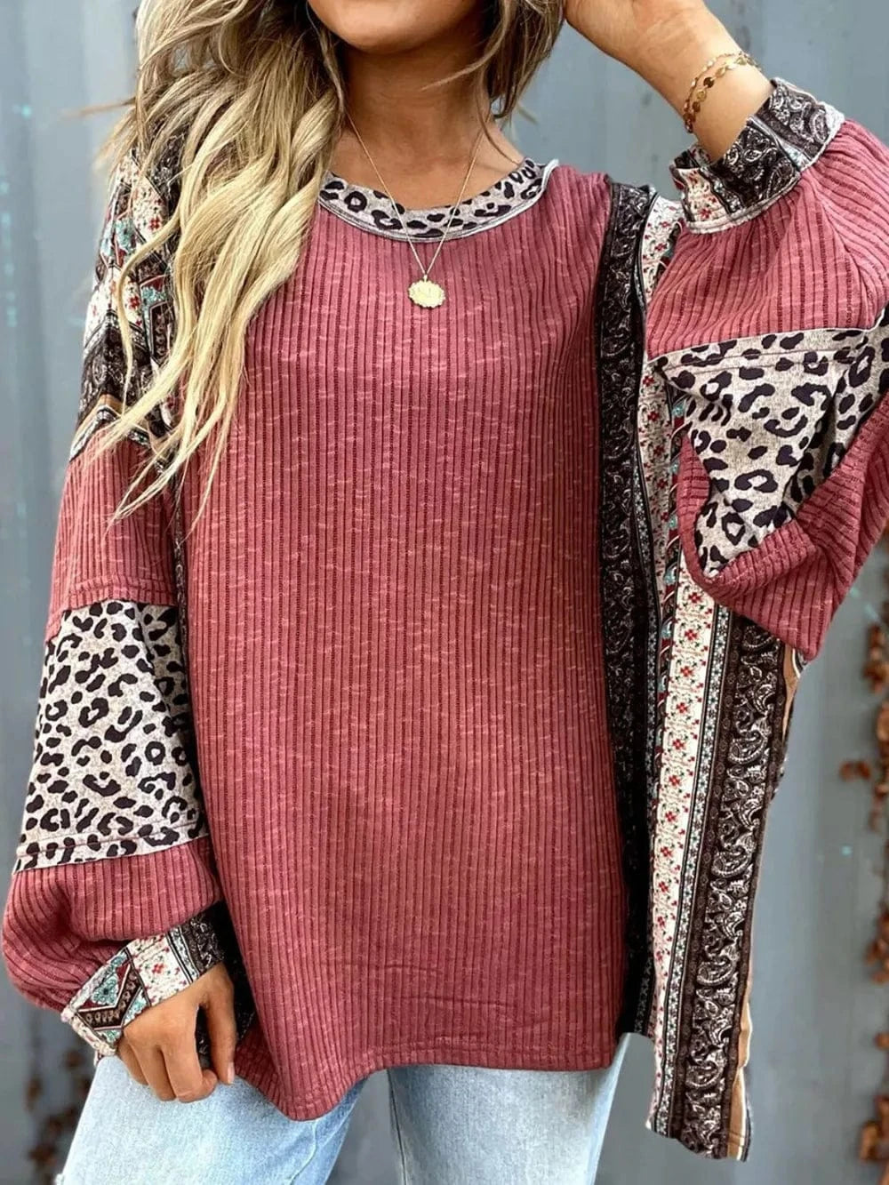 Trendsi Leopard Round Neck Long Sleeve Sweatshirt
