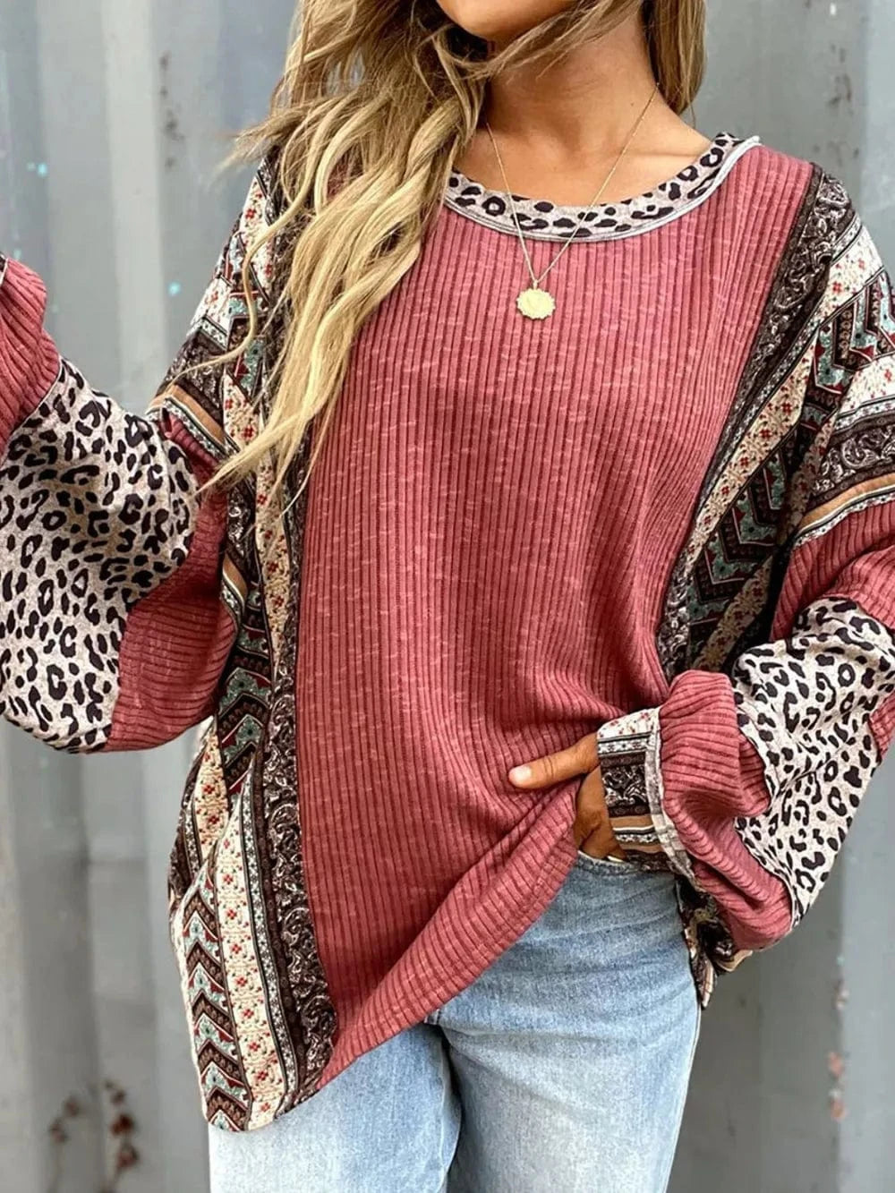 Trendsi Leopard Round Neck Long Sleeve Sweatshirt
