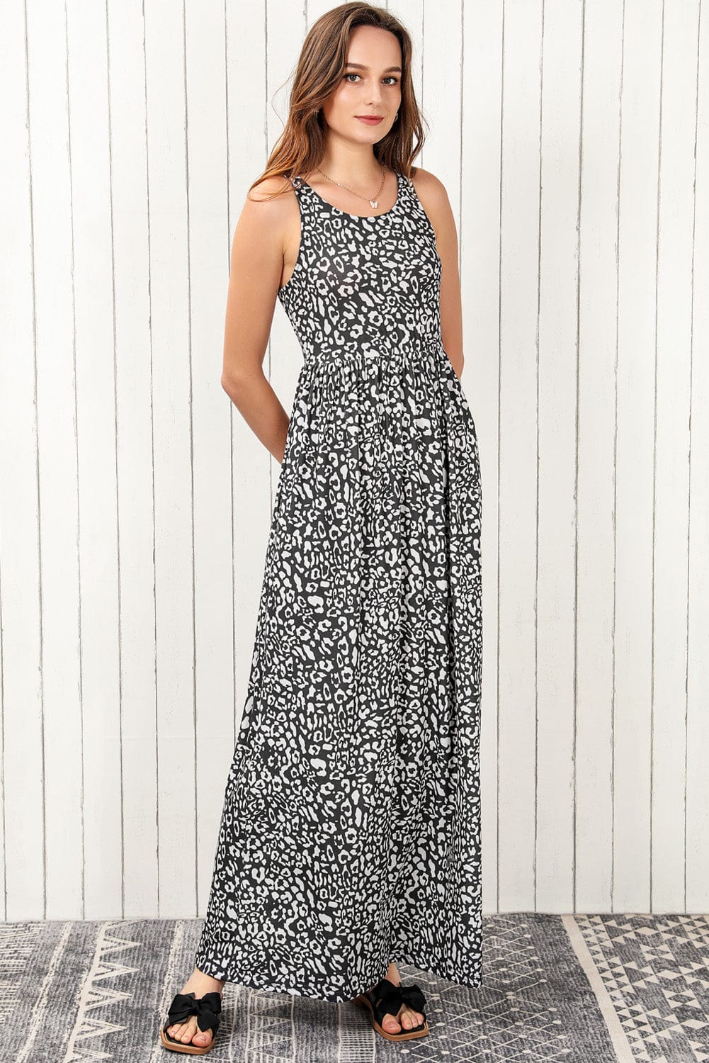 Trendsi Leopard Round Neck Sleeveless Maxi Dress
