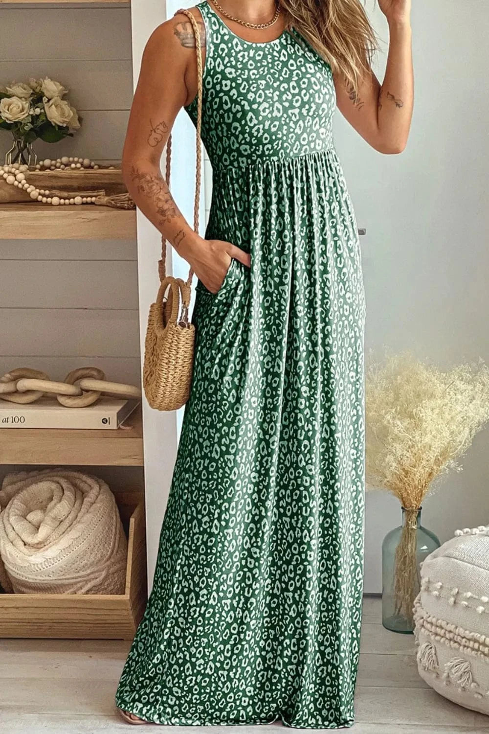 Trendsi Leopard Round Neck Sleeveless Maxi Dress