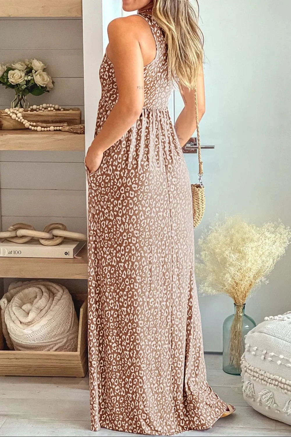 Trendsi Leopard Round Neck Sleeveless Maxi Dress
