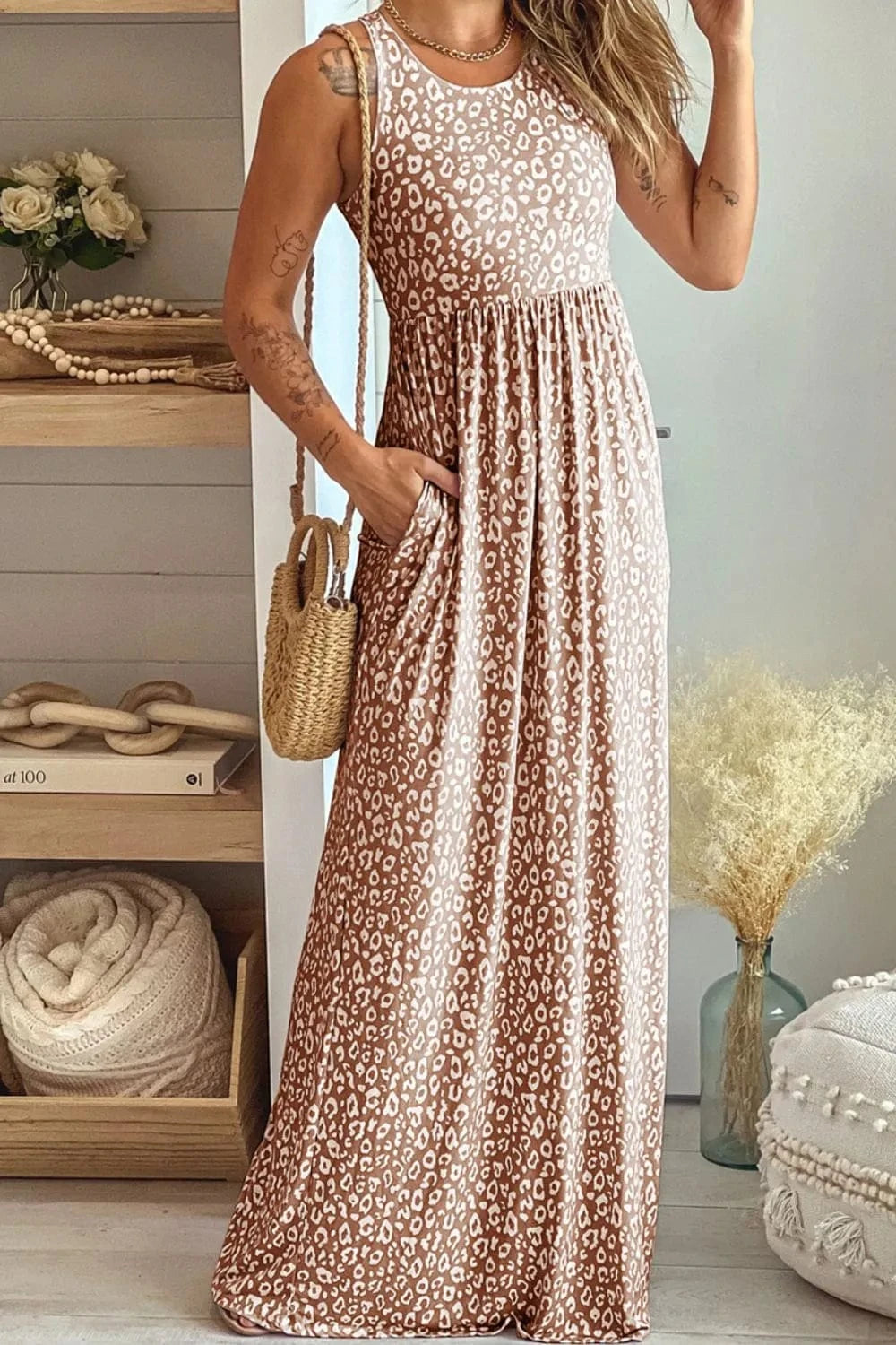 Trendsi Leopard Round Neck Sleeveless Maxi Dress