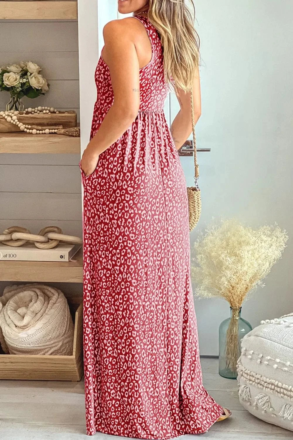 Trendsi Leopard Round Neck Sleeveless Maxi Dress