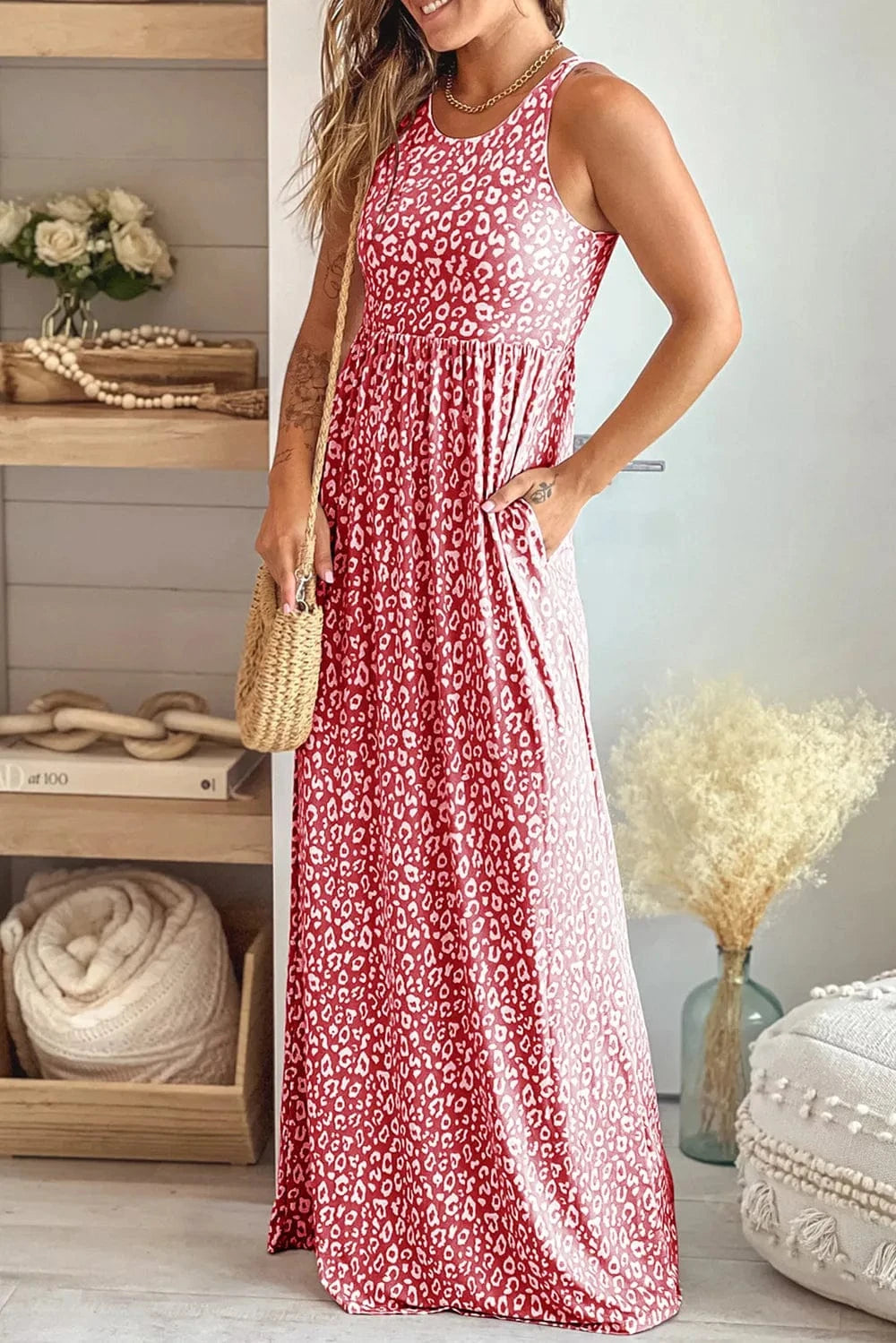 Trendsi Leopard Round Neck Sleeveless Maxi Dress