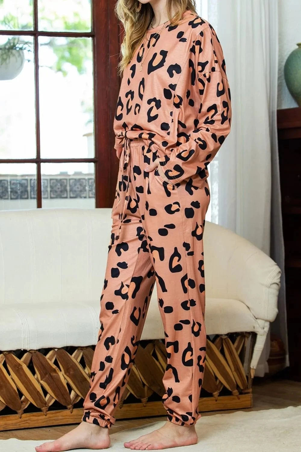 Trendsi Leopard Round Neck Top and Drawstring Pants Lounge Set