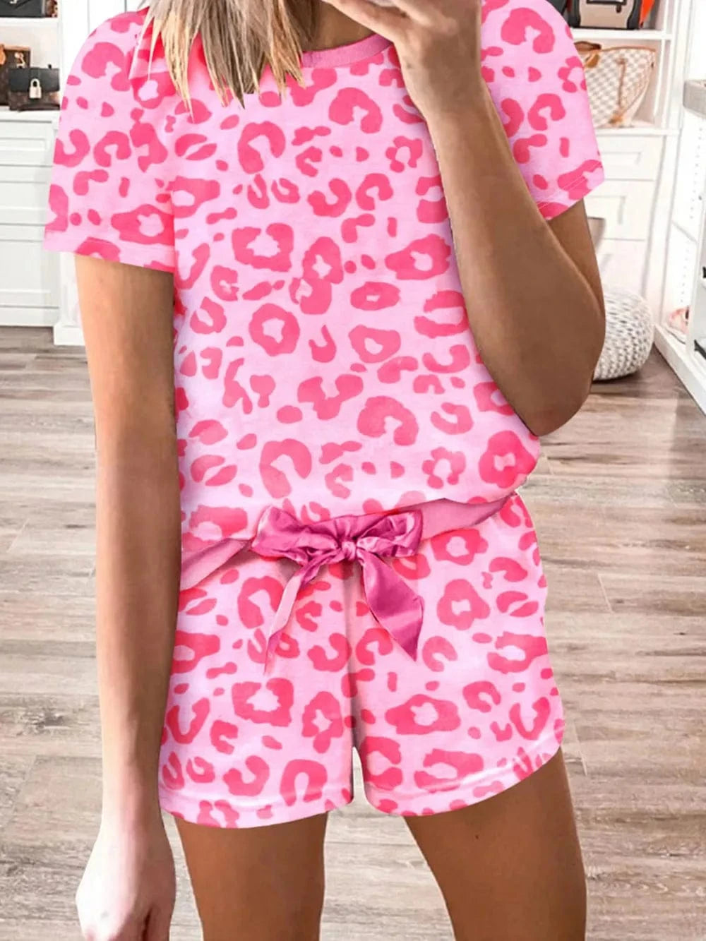Trendsi Leopard Round Neck Top and Shorts Lounge Set