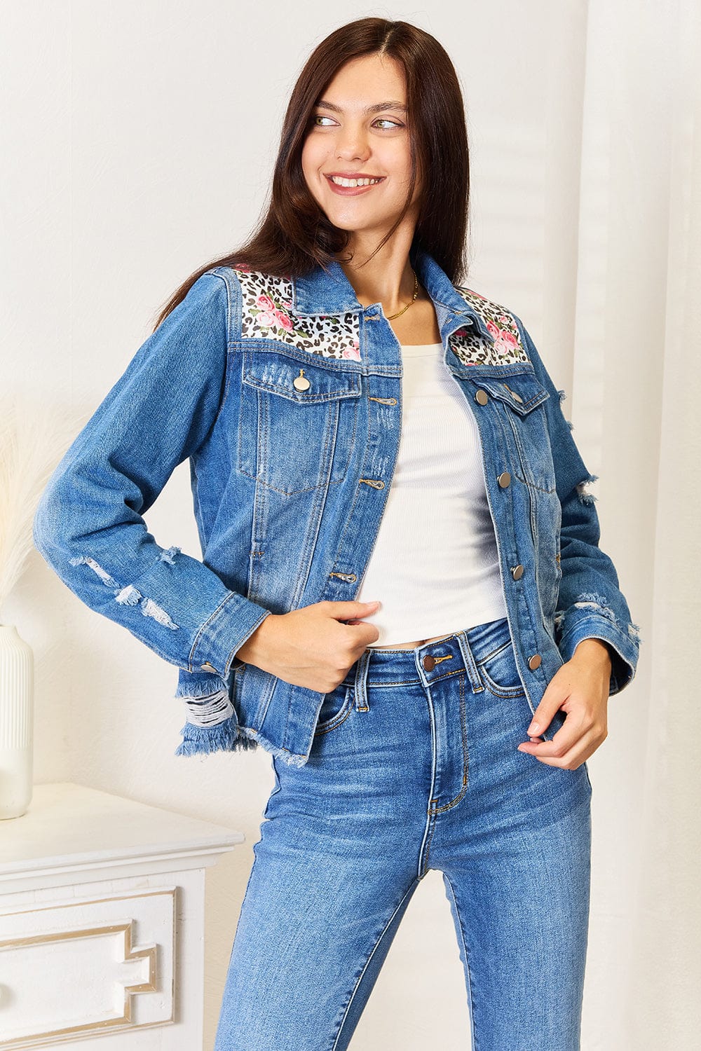 Trendsi Leopard / S Baeful Leopard Floral Distressed Raw Hem Denim Jacket