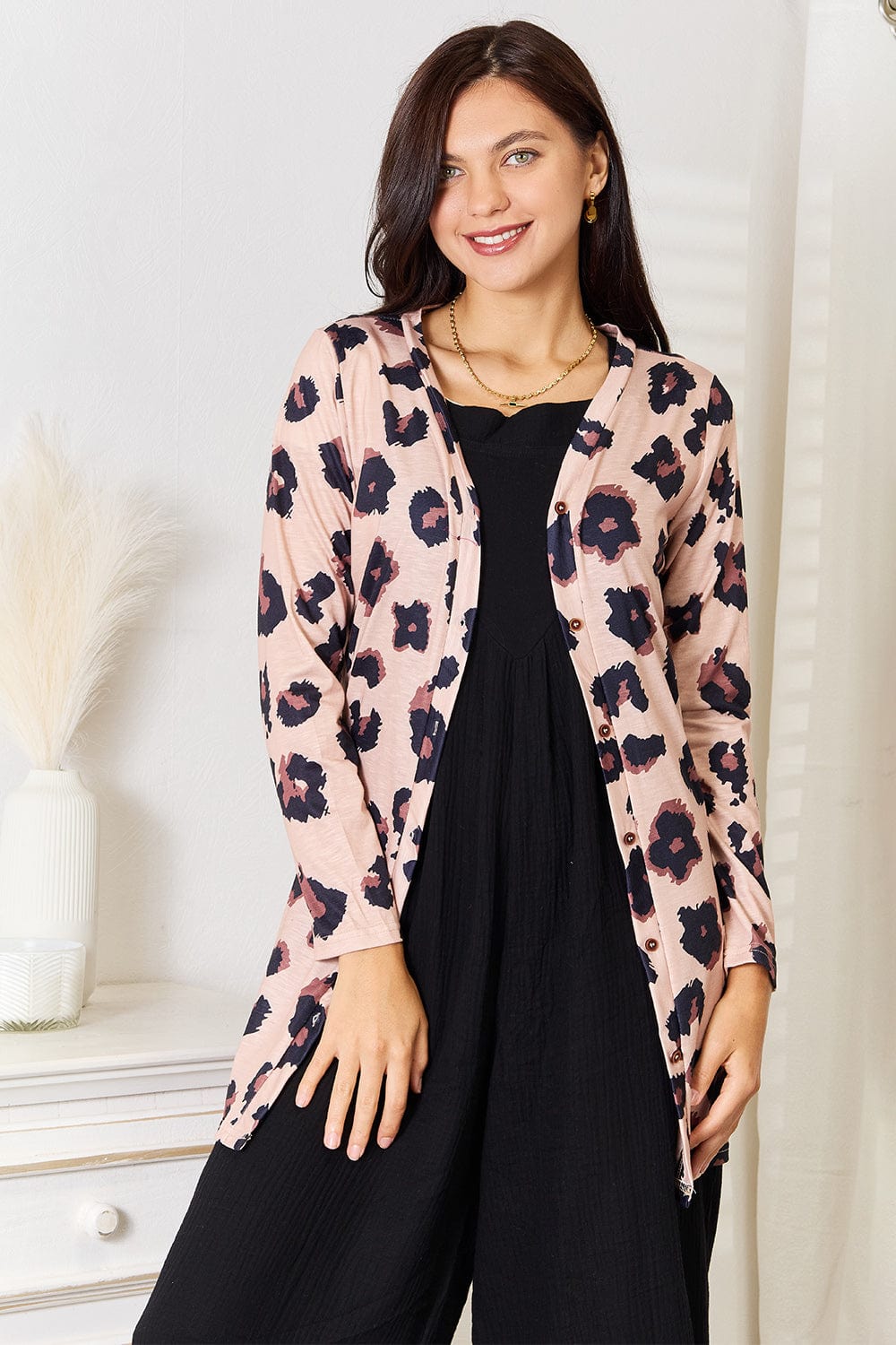 Trendsi Leopard / S Double Take Printed Button Front Longline Cardigan