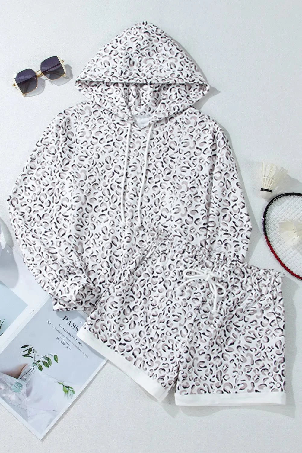 Trendsi Leopard / S Drawstring Leopard Long Sleeve Hooded Top and Shorts Set