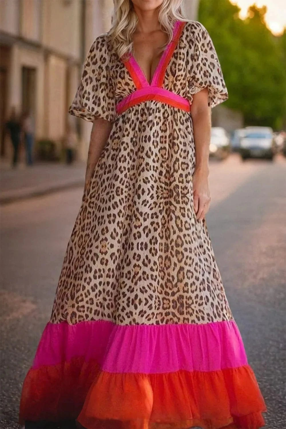 Trendsi Leopard / S Full Size Leopard V-Neck Half Sleeve Maxi Dress