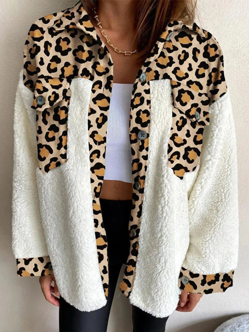 Trendsi Leopard / S Fuzzy Button Up Long Sleeve Jacket