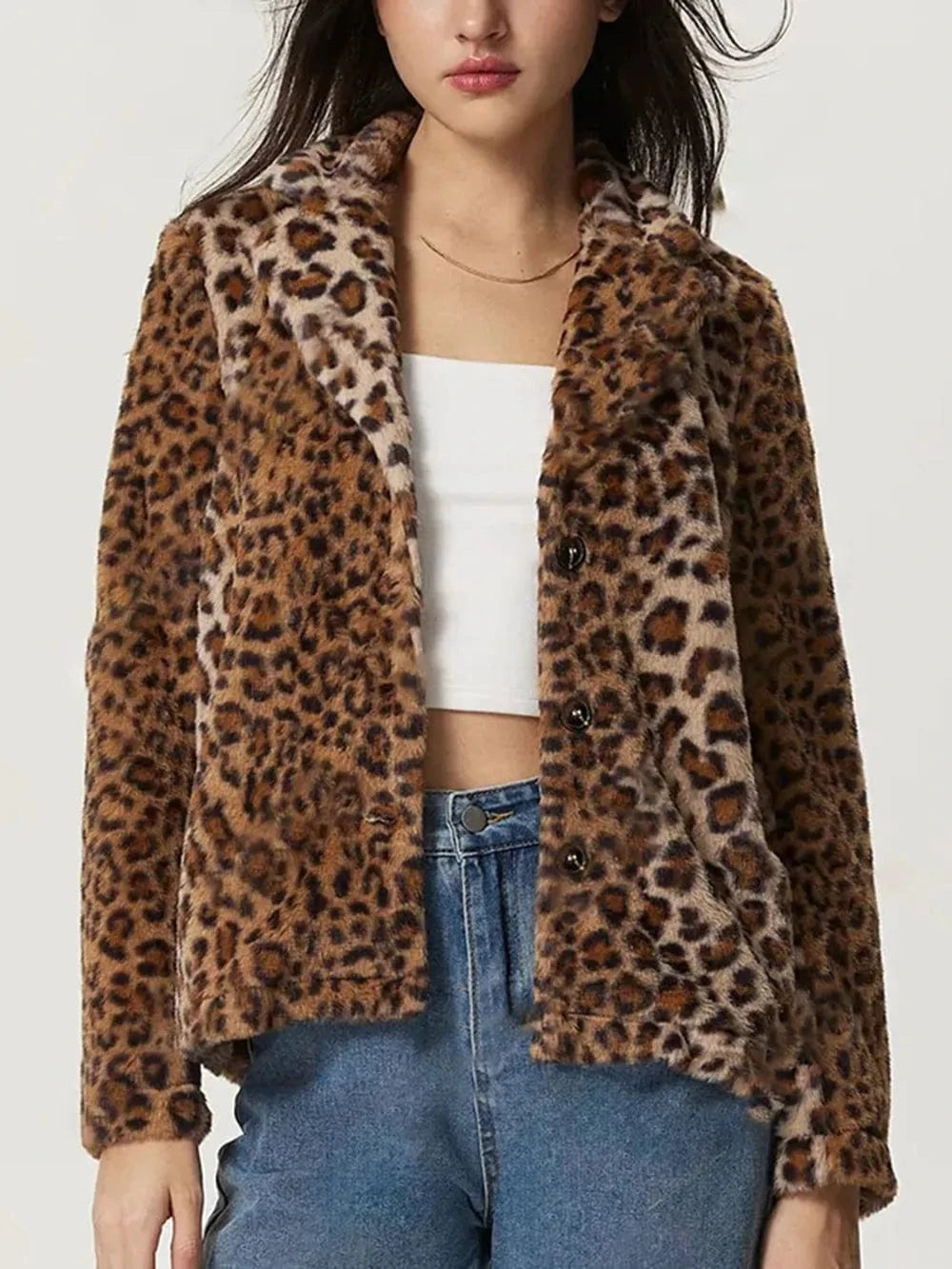 Trendsi Leopard / S Fuzzy Leopard Collared Neck Jacket