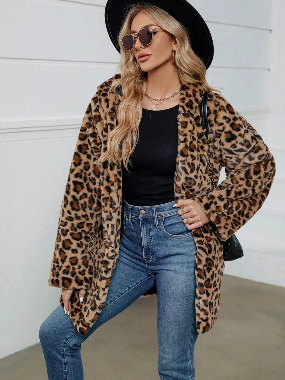 Trendsi Leopard / S Fuzzy Leopard Hooded Long Sleeve Jacket