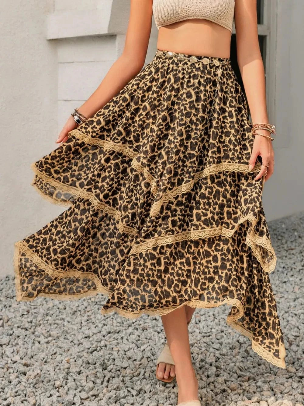 Trendsi Leopard / S Lace Detail Layered Printed Skirt