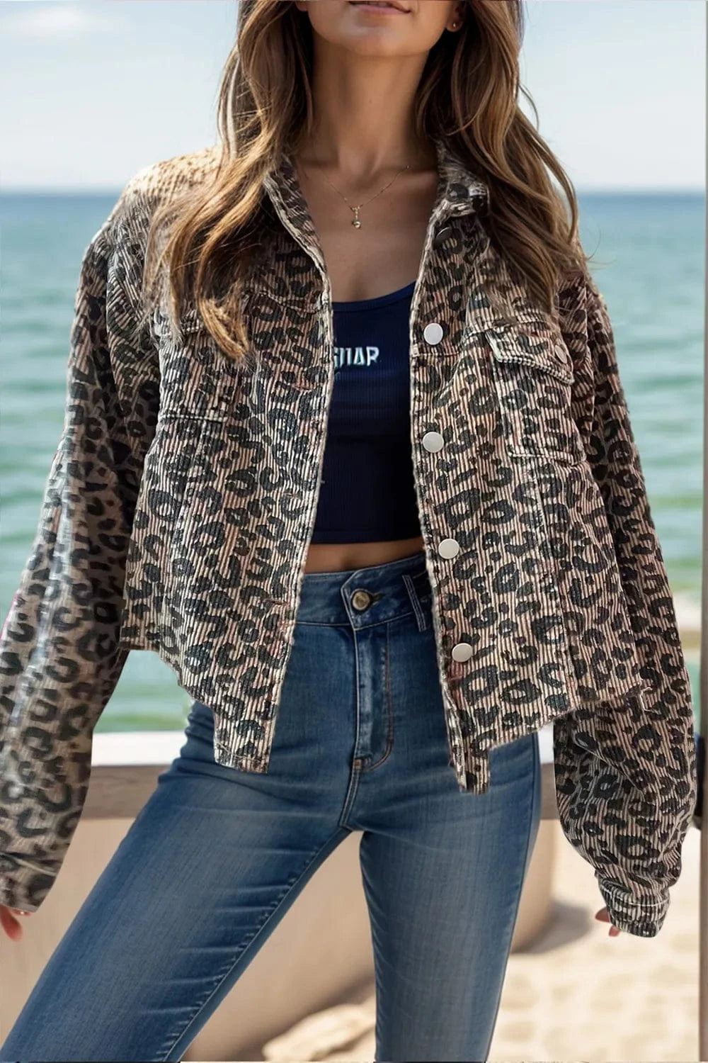 Trendsi Leopard / S Leopard Button Down Long Sleeve Jacket