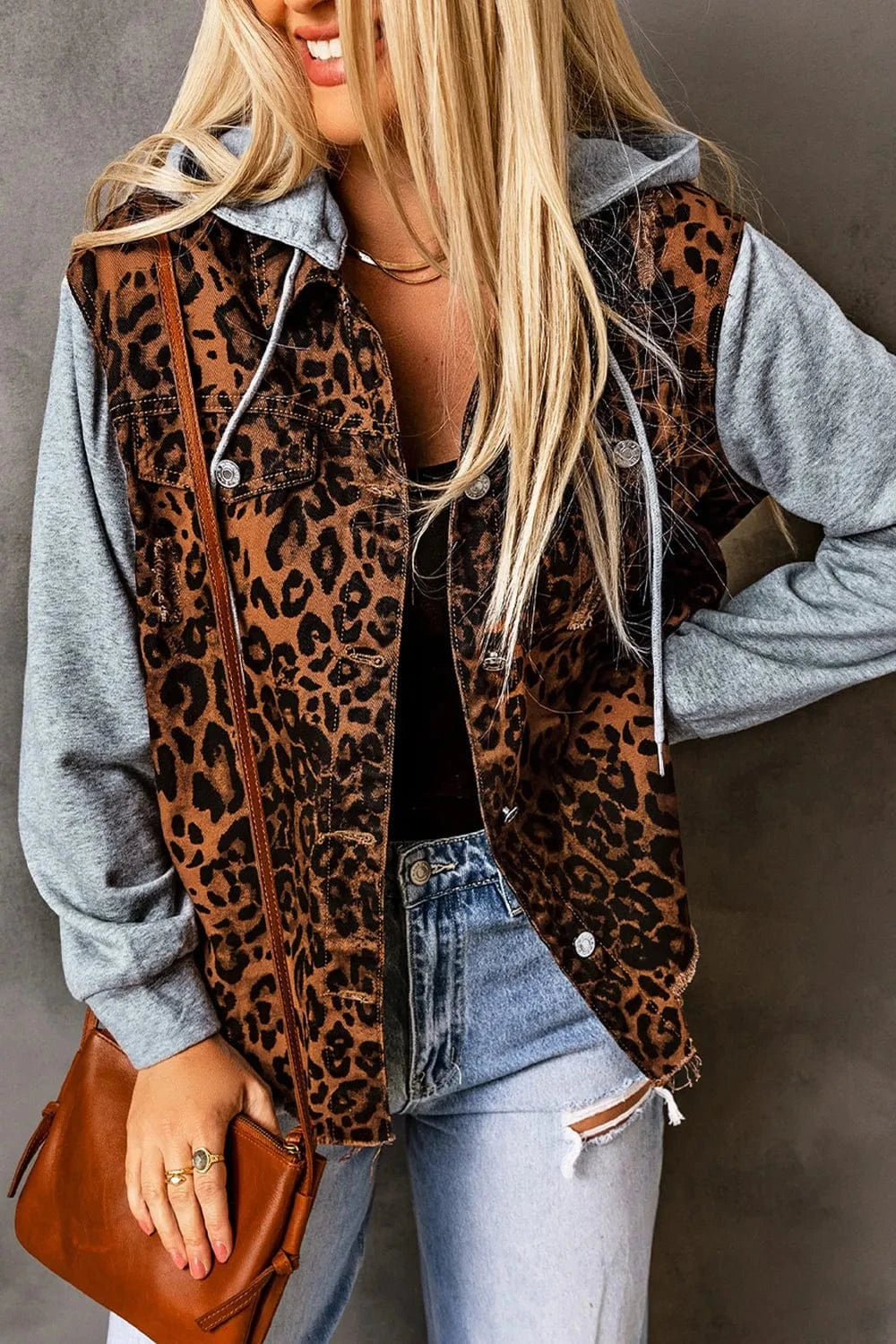 Trendsi Leopard / S Leopard Distressed Drawstring Hooded Denim Jacket