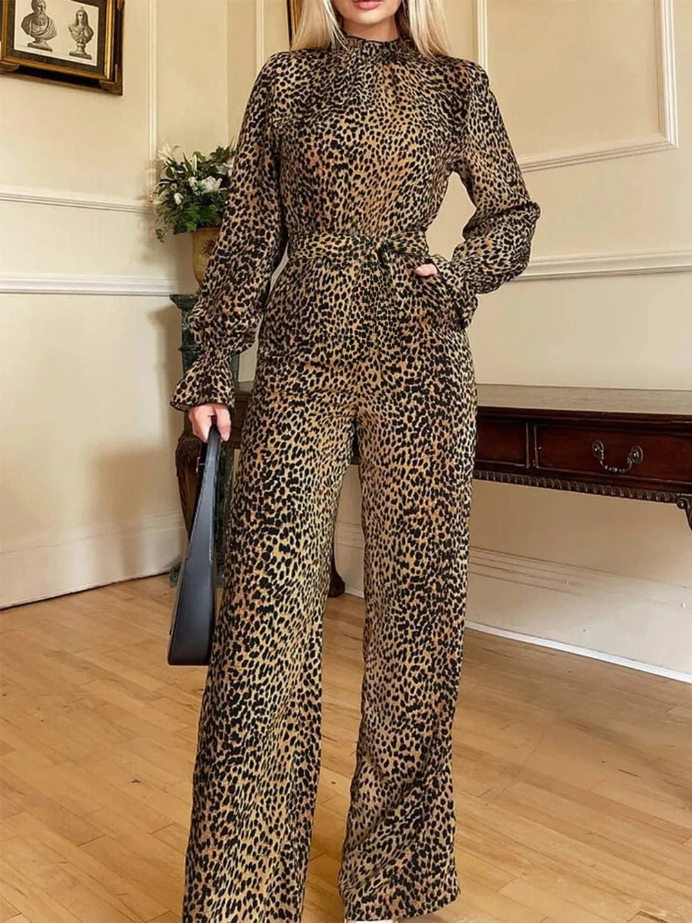 Trendsi Leopard / S Leopard Flounce Sleeve Wide Leg Jumpsuit