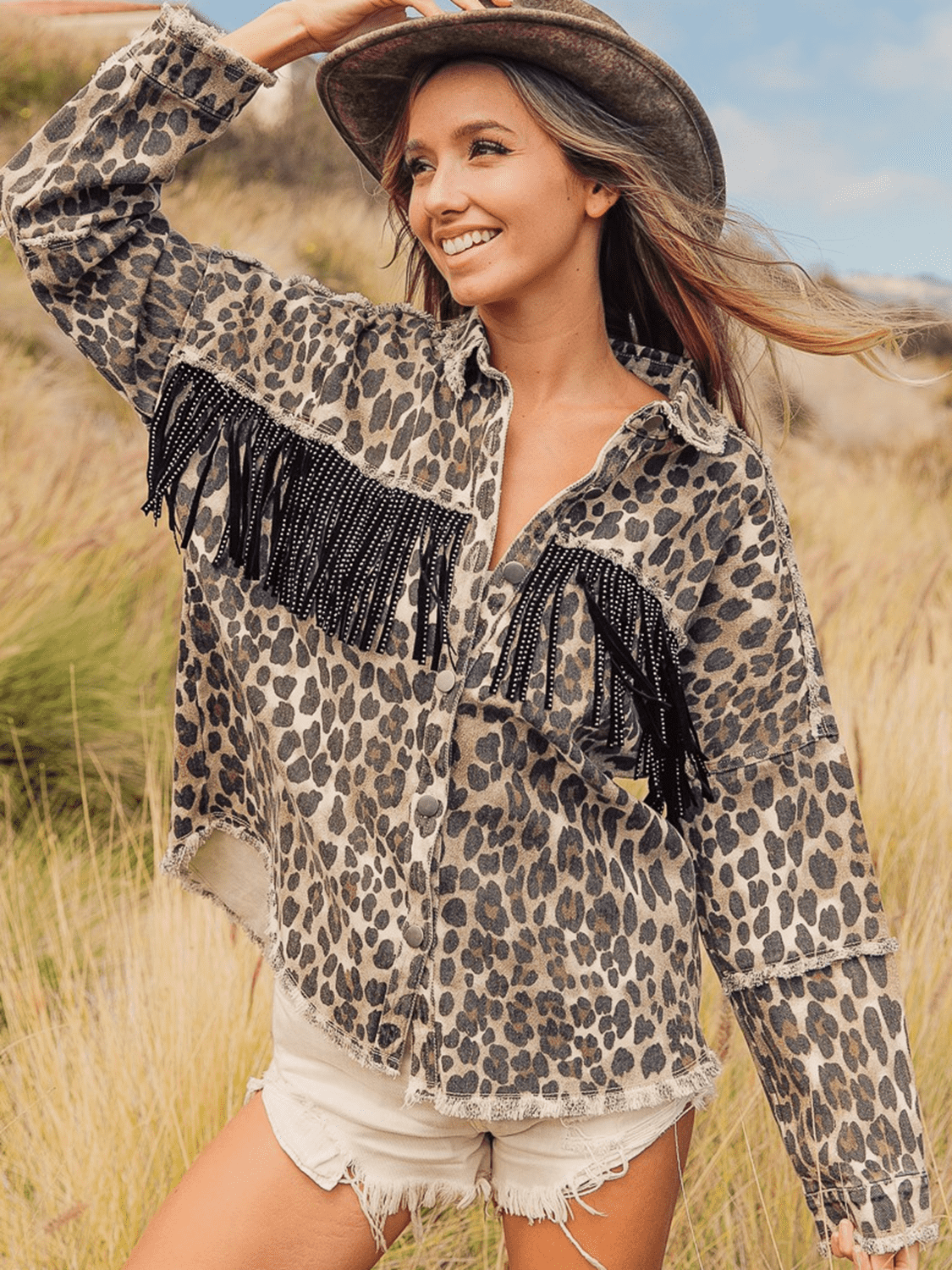 Trendsi Leopard / S Leopard Fringe Detail Collared Neck Denim Jacket