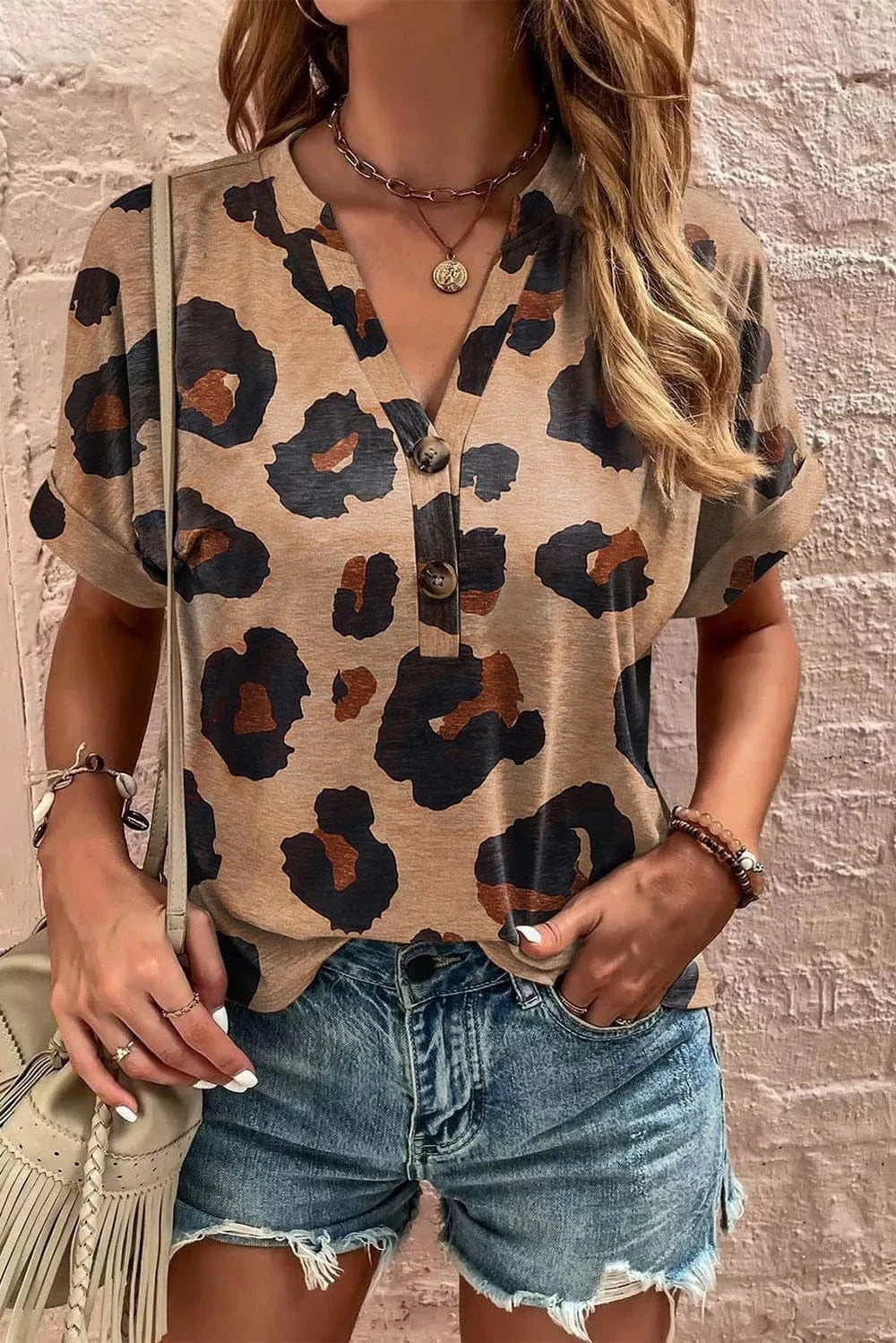 Trendsi Leopard / S Leopard Half Button Short Sleeve T-Shirt