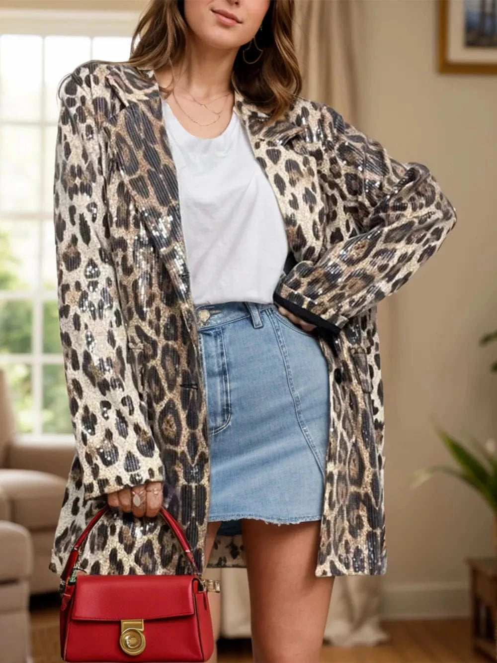 Trendsi Leopard / S Leopard Lapel Collar Long Sleeve Longline Blazer
