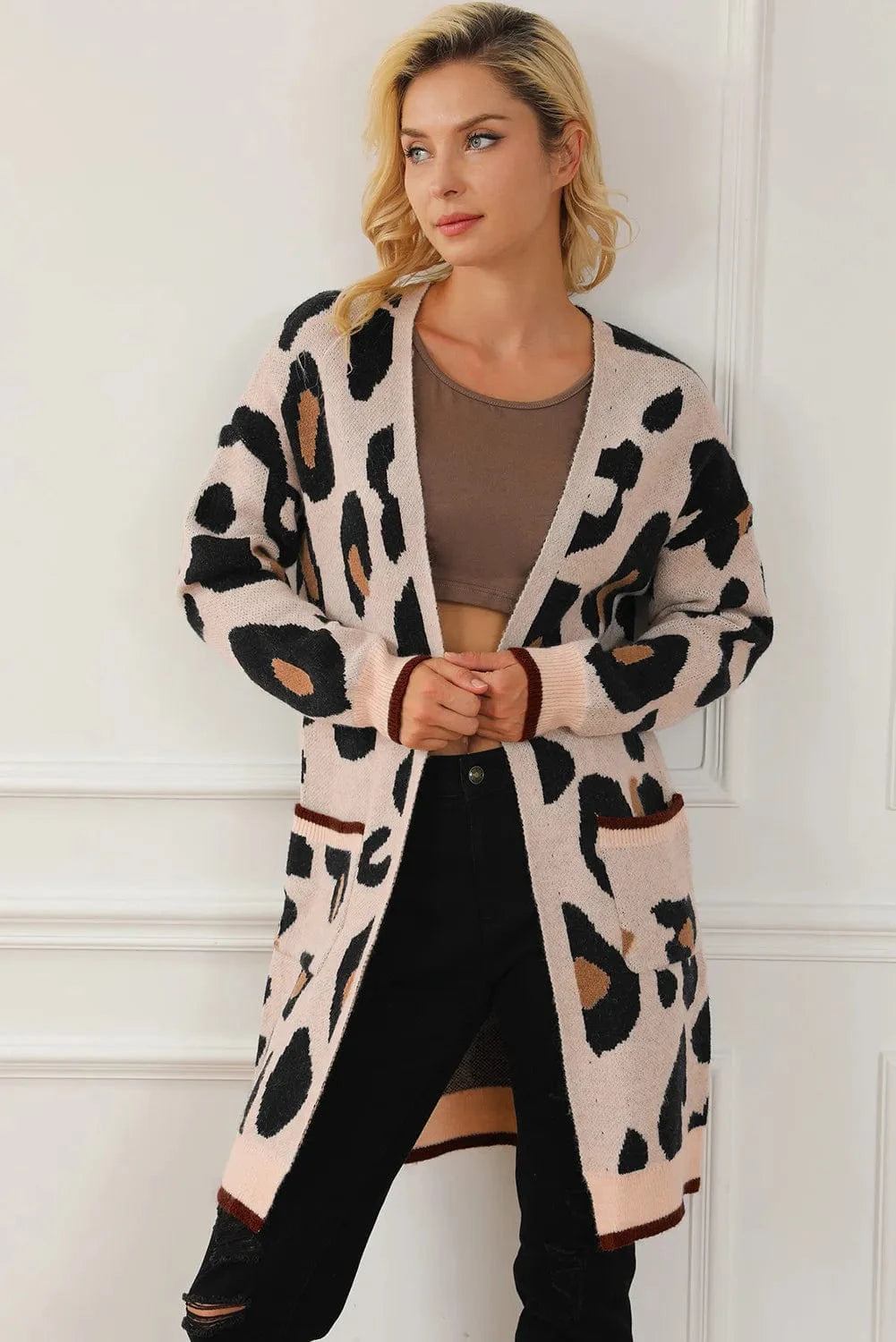 Trendsi Leopard / S Leopard Open Front Long Sleeve Cardigan