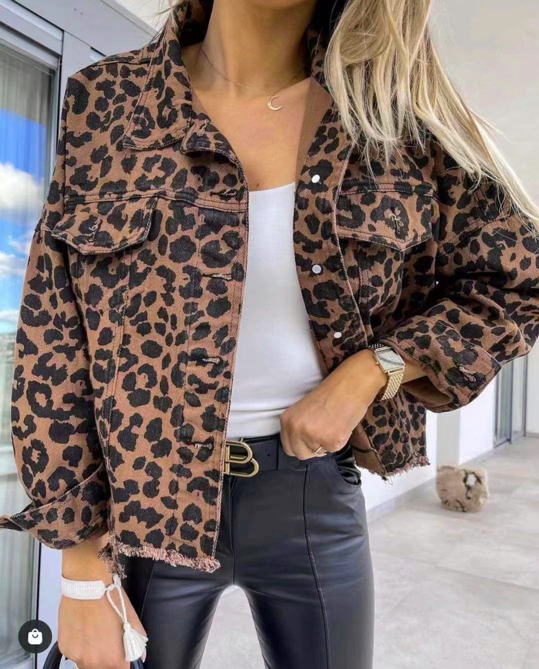 Trendsi Leopard / S Leopard Raw Hem Denim Jacket
