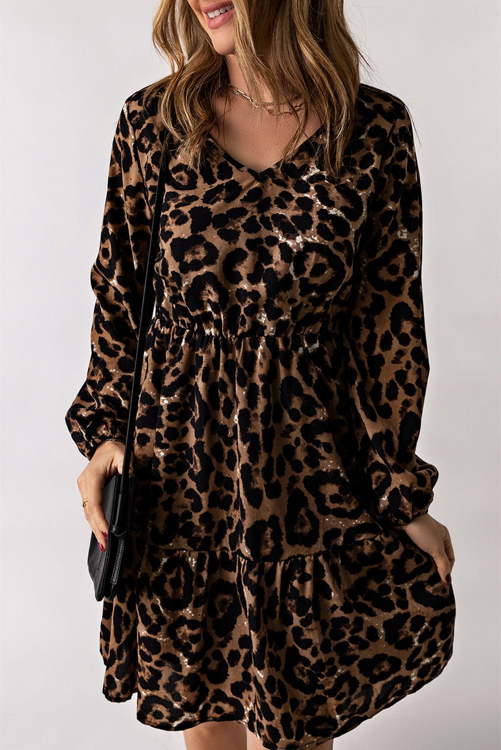 Trendsi Leopard / S Leopard V-Neck Balloon Sleeve Tiered Dress
