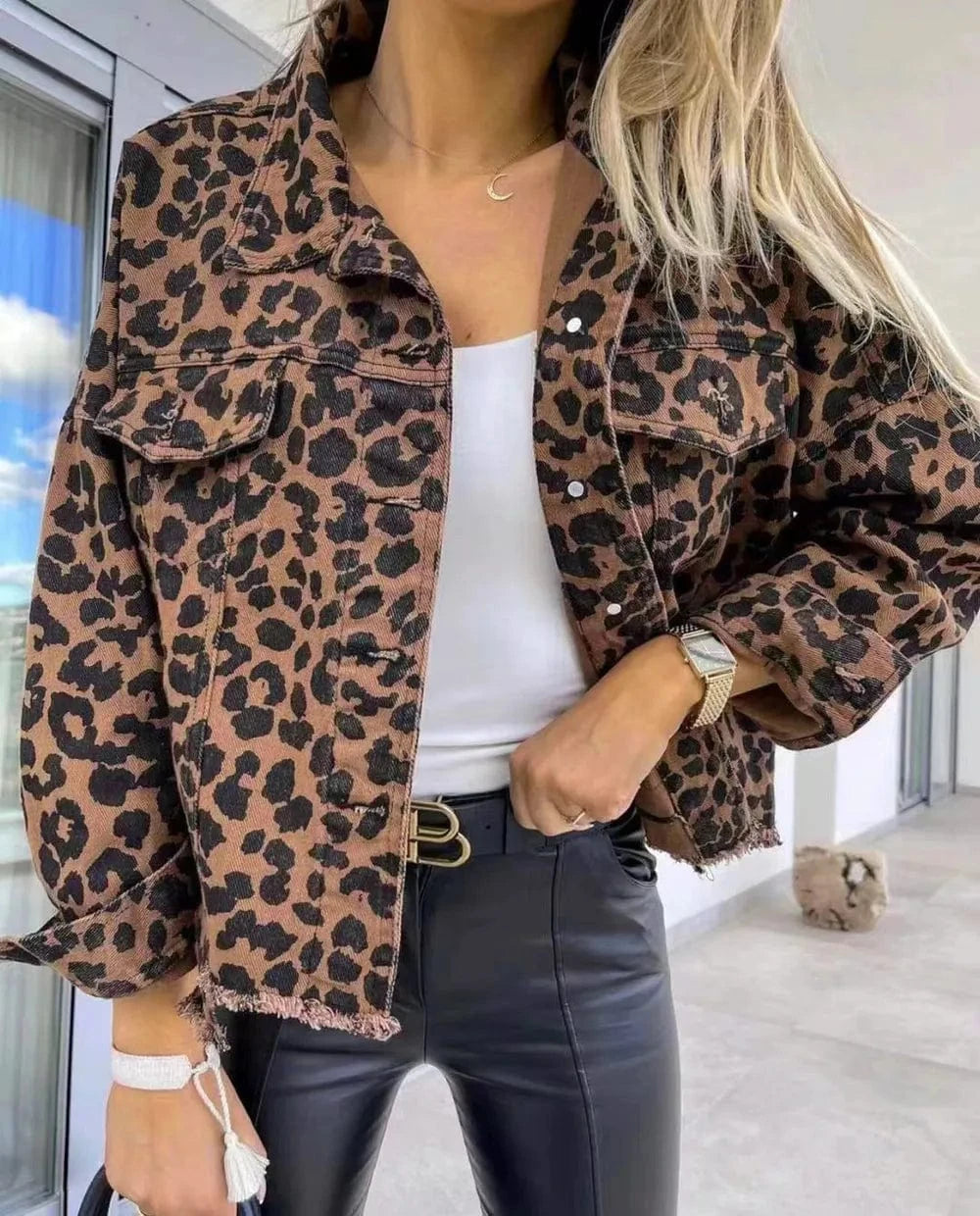 Trendsi Leopard / S Raw Hem Leopard Collared Neck Denim Jacket
