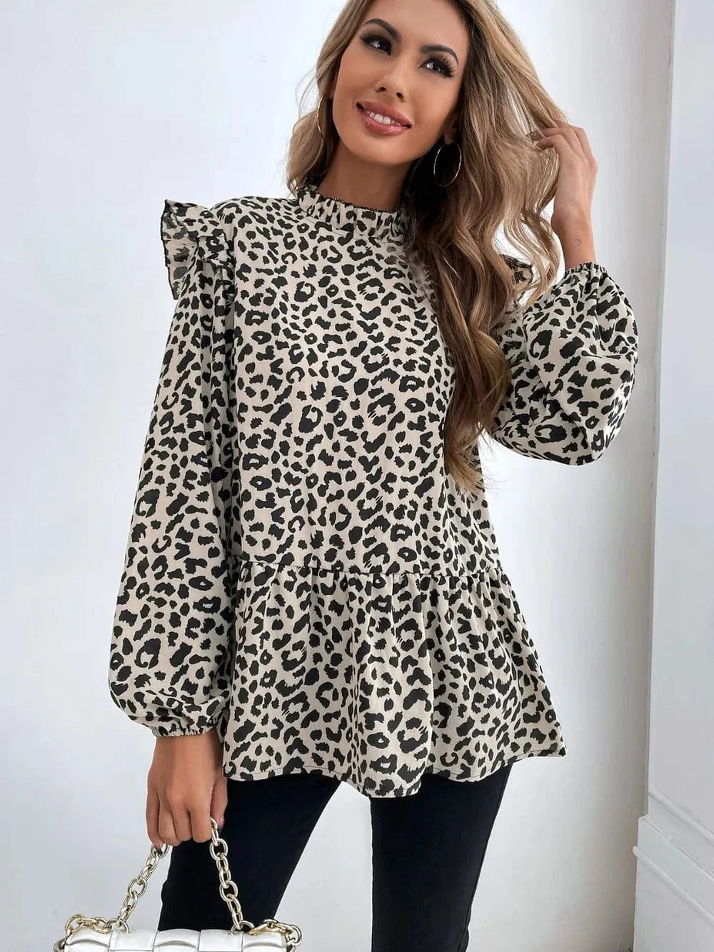 Trendsi Leopard / S Ruffled Leopard Mock Neck Long Sleeve Blouse