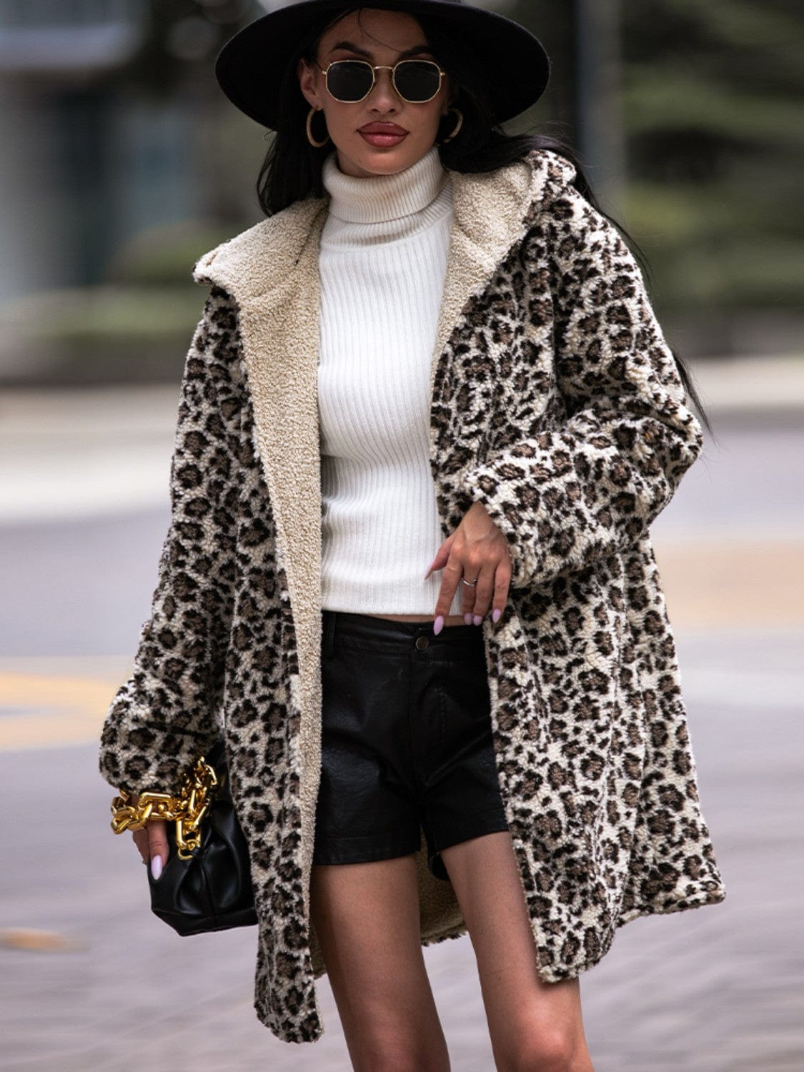 Trendsi Leopard / S Shiny Leopard Hooded Coat with Pockets
