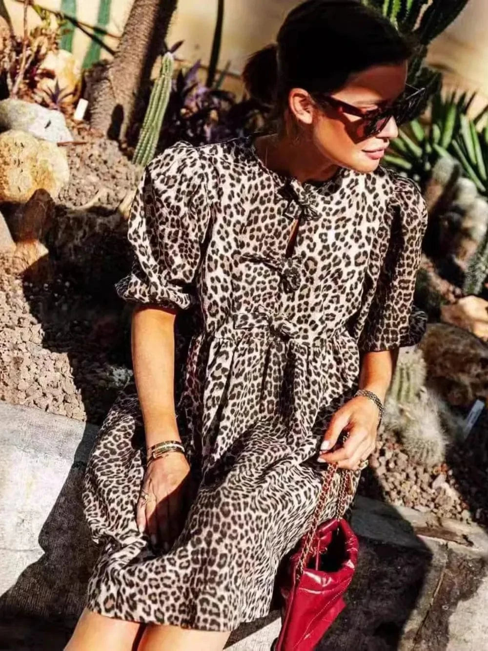 Trendsi Leopard Short Sleeve Mini Dress