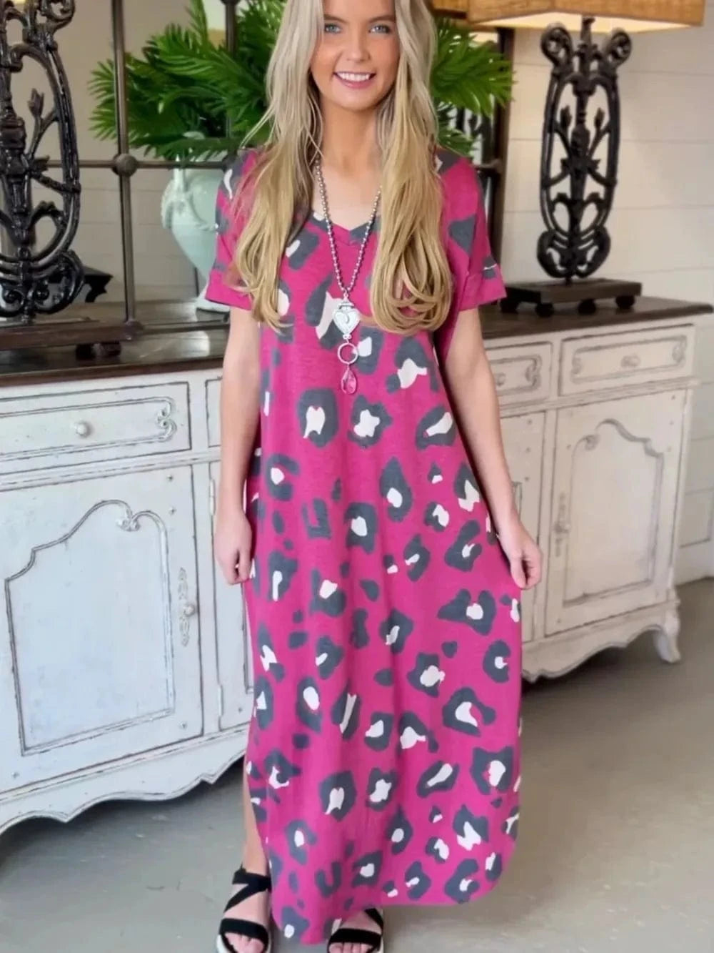 Trendsi Leopard Slit V-Neck Short Sleeve Maxi Dress