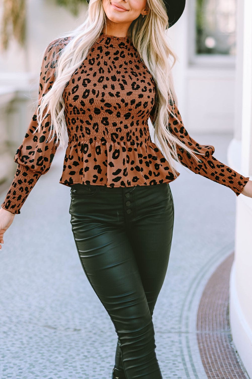 Trendsi Leopard Smocked Peplum Top