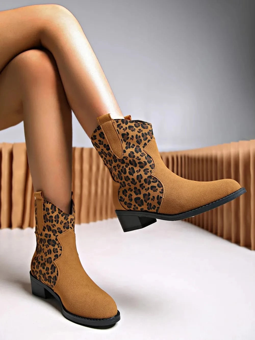 Trendsi Leopard Suede Block Heel Boots