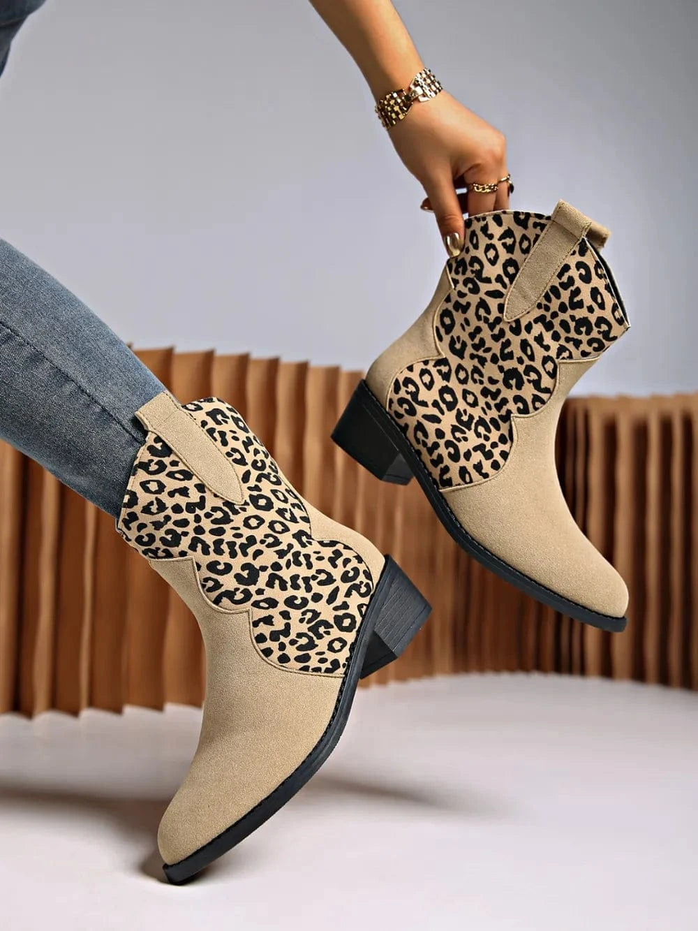 Trendsi Leopard Suede Block Heel Boots