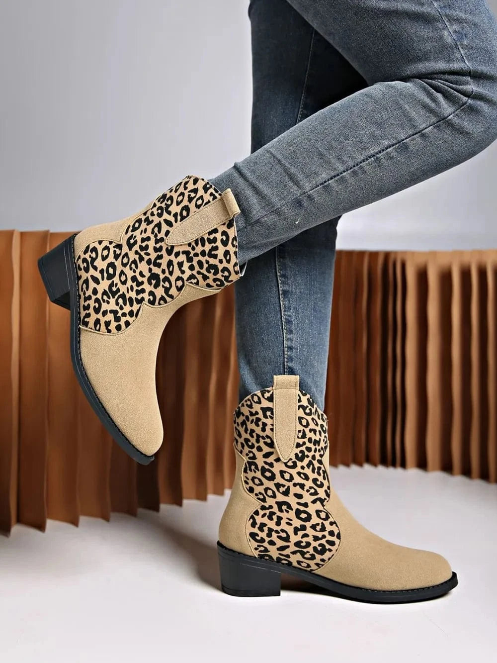 Trendsi Leopard Suede Block Heel Boots