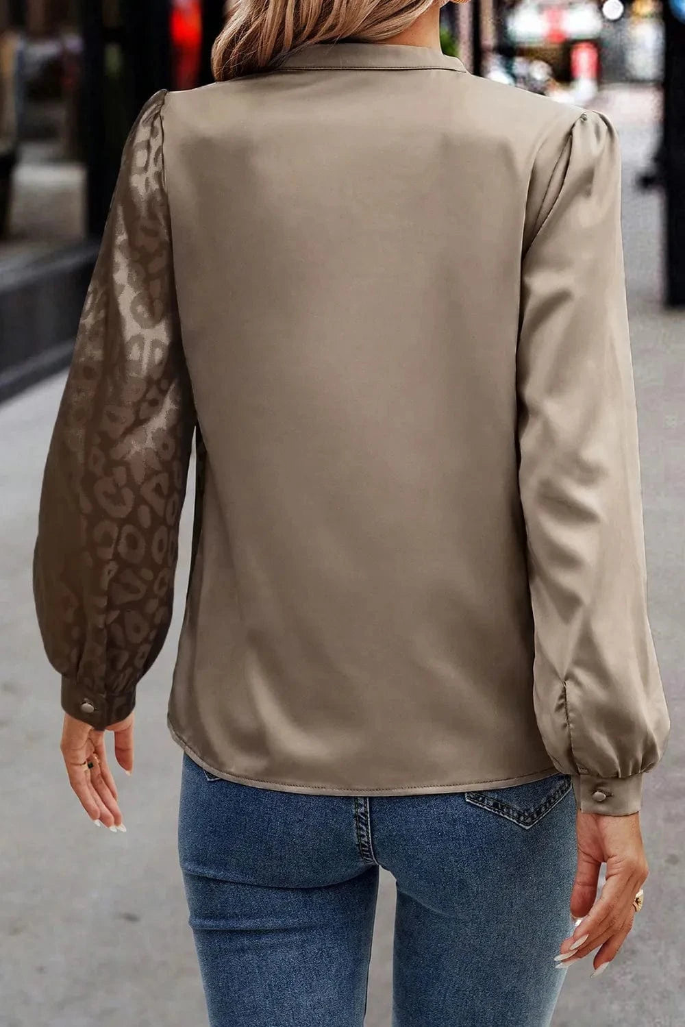 Trendsi Leopard Tie Neck Long Sleeve Blouse