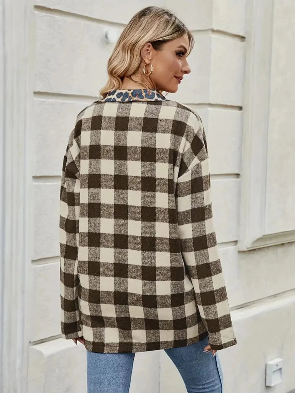 Trendsi Leopard Trim Plaid Collared Neck Long Sleeve Shirt