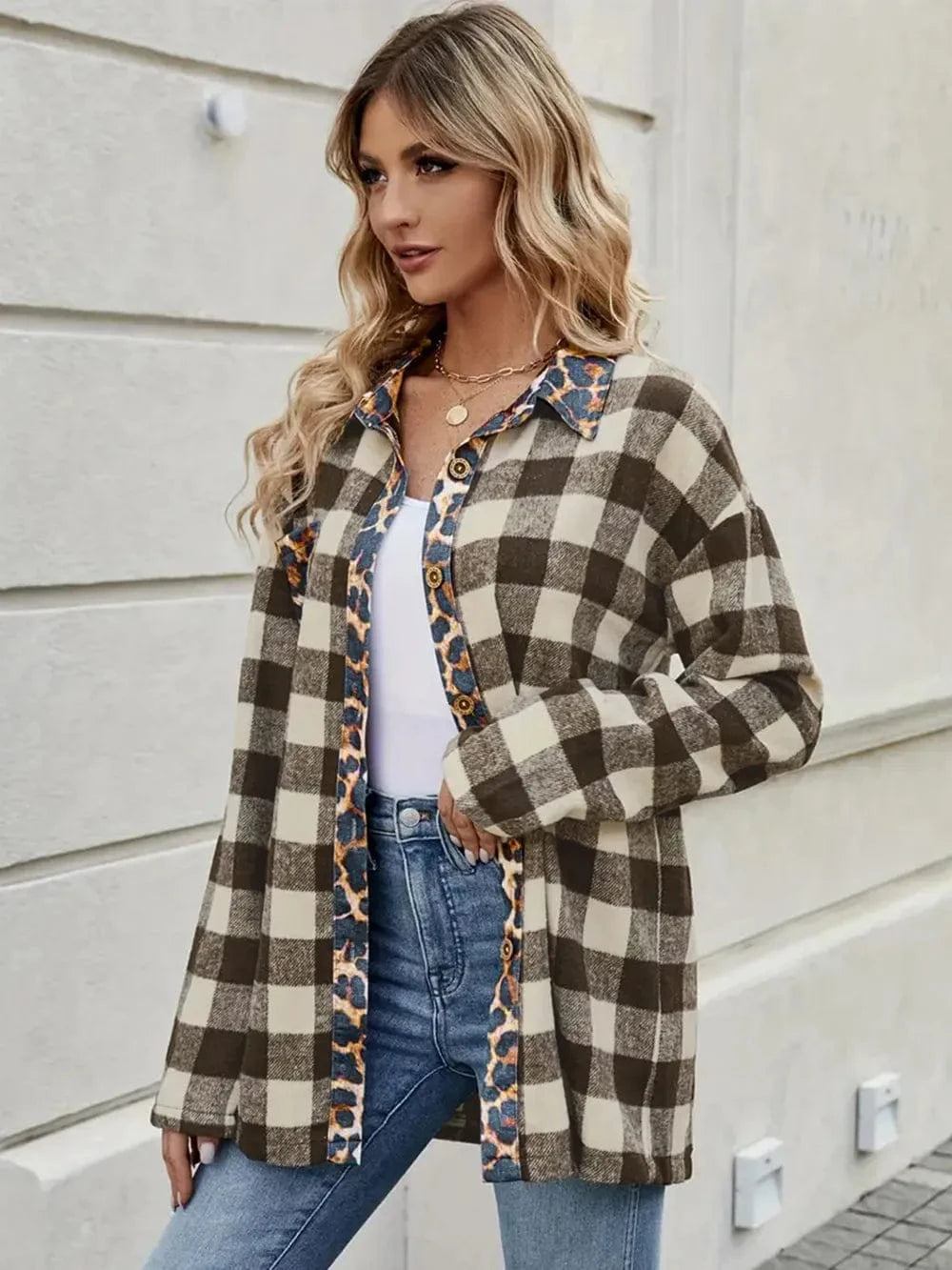 Trendsi Leopard Trim Plaid Collared Neck Long Sleeve Shirt