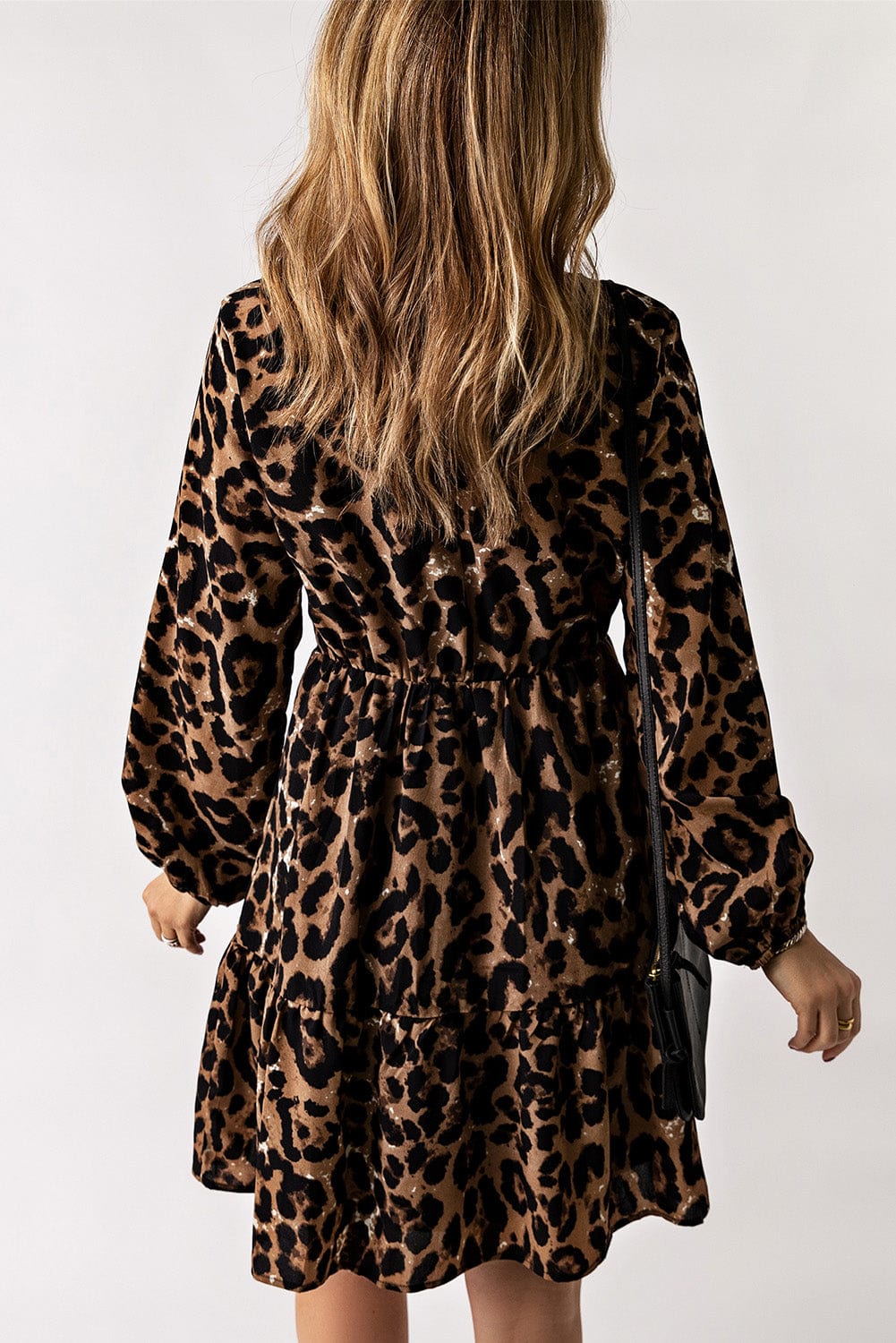 Trendsi Leopard V-Neck Balloon Sleeve Tiered Dress