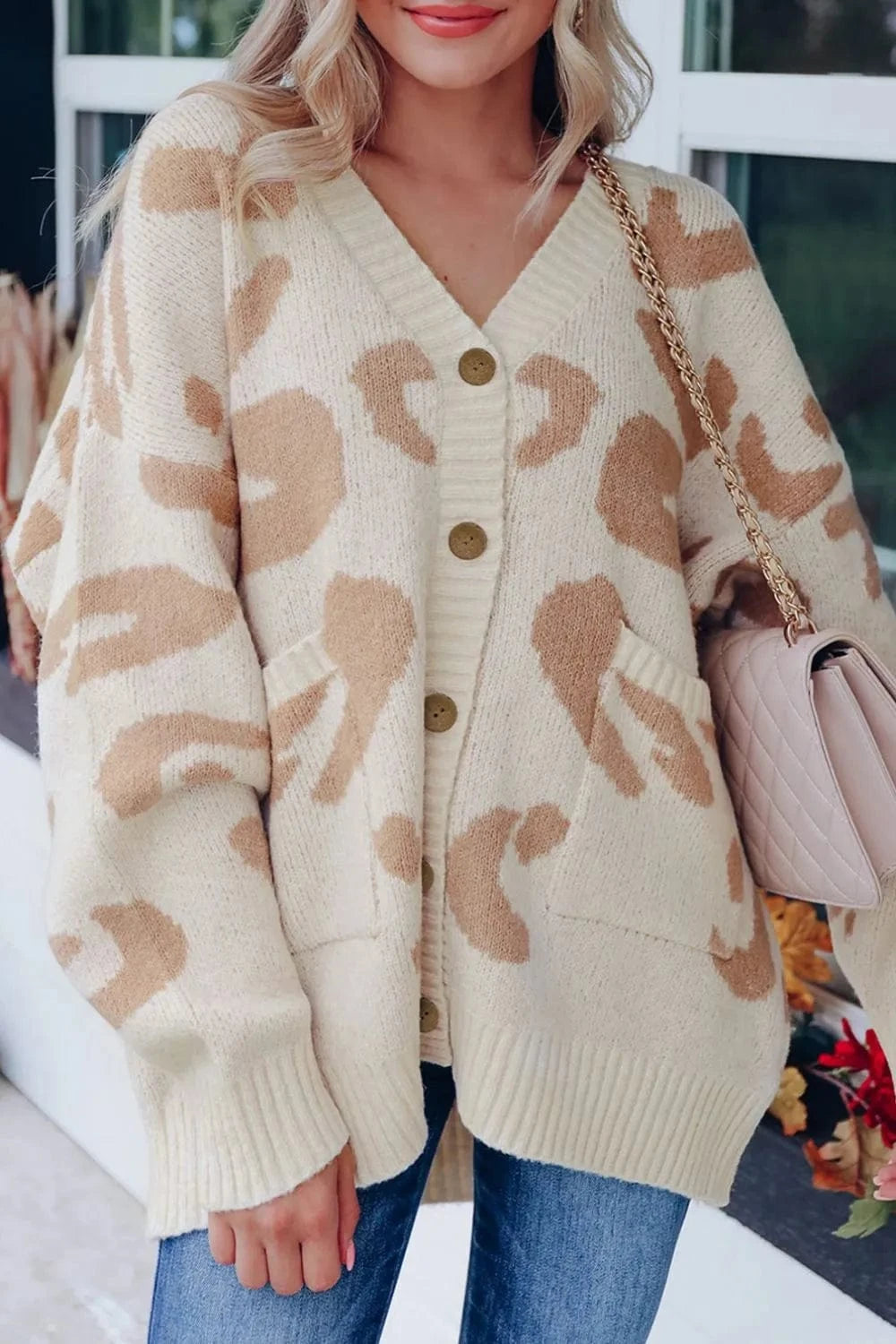 Trendsi Leopard V Neck Button Down Cardigan