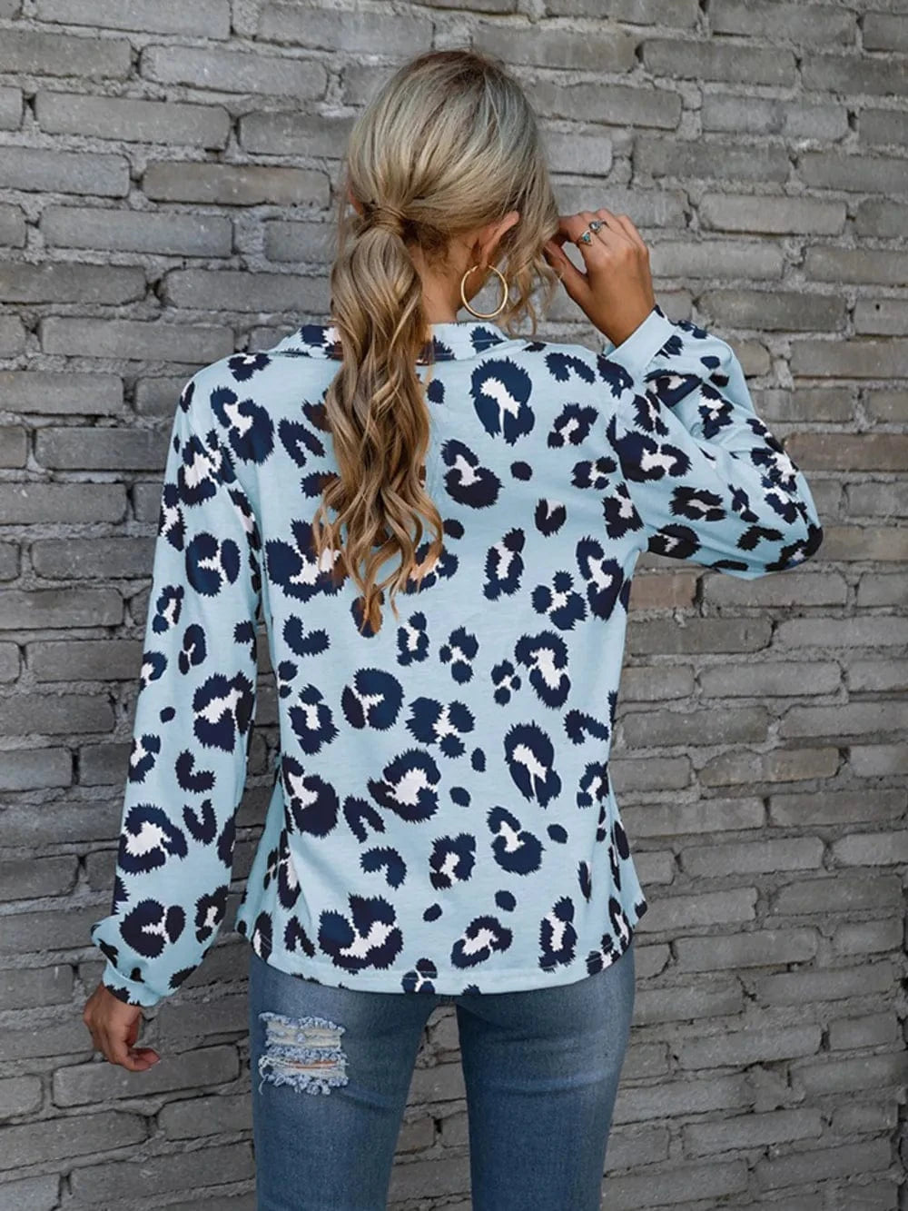 Trendsi Leopard V-Neck Decorative Button Long Sleeve Blouse