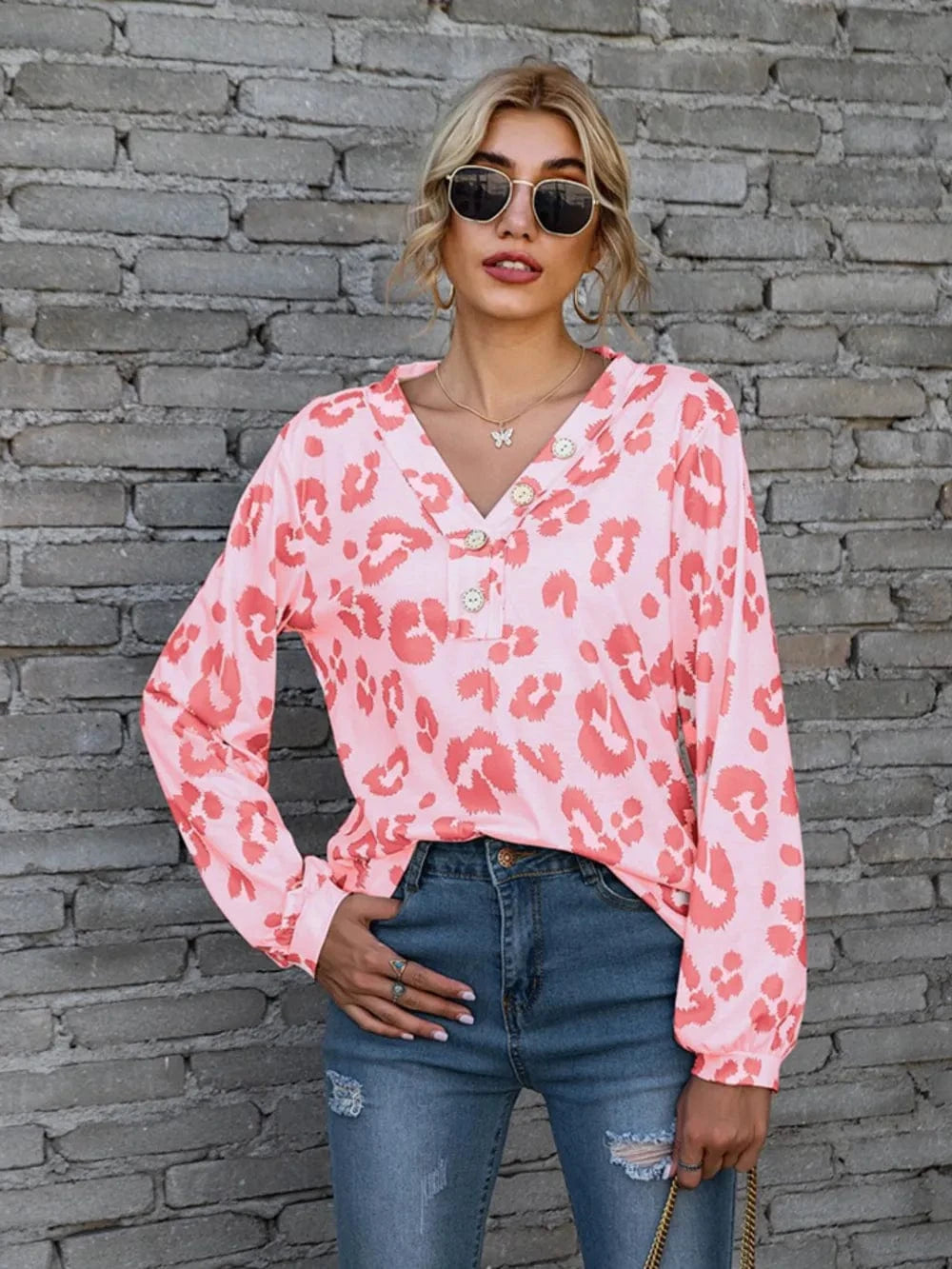 Trendsi Leopard V-Neck Decorative Button Long Sleeve Blouse