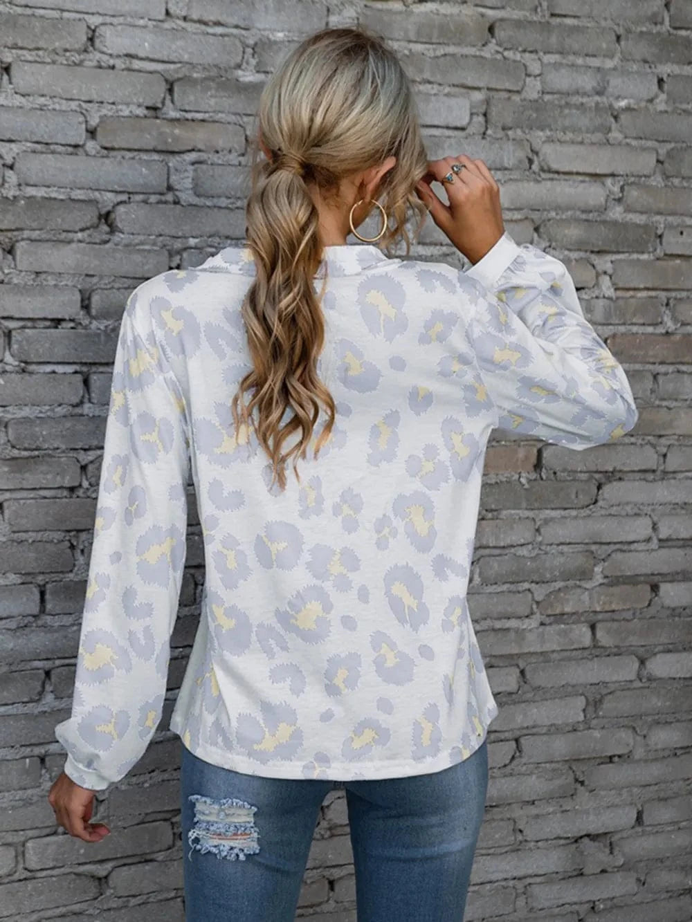 Trendsi Leopard V-Neck Decorative Button Long Sleeve Blouse
