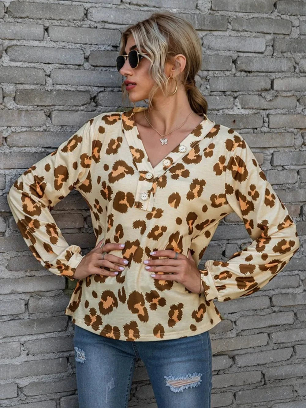Trendsi Leopard V-Neck Decorative Button Long Sleeve Blouse